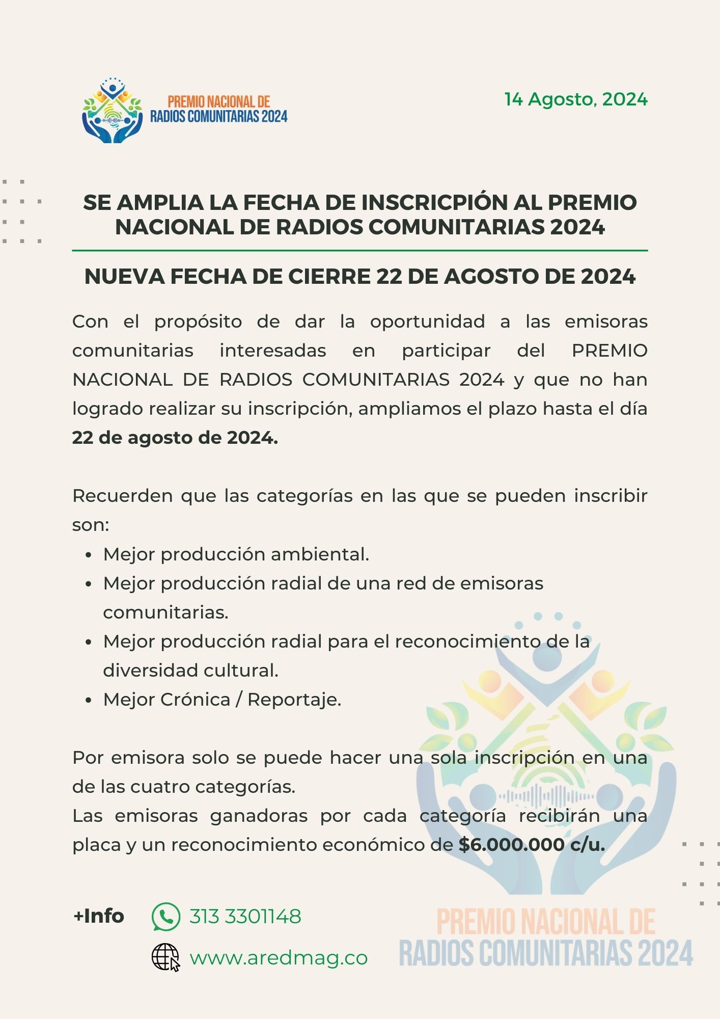 SE AMPLIA LA FECHA DE INSCRICPIÓN AL PREMIO NACIONAL DE RADIOS COMUNITARIAS 2024.